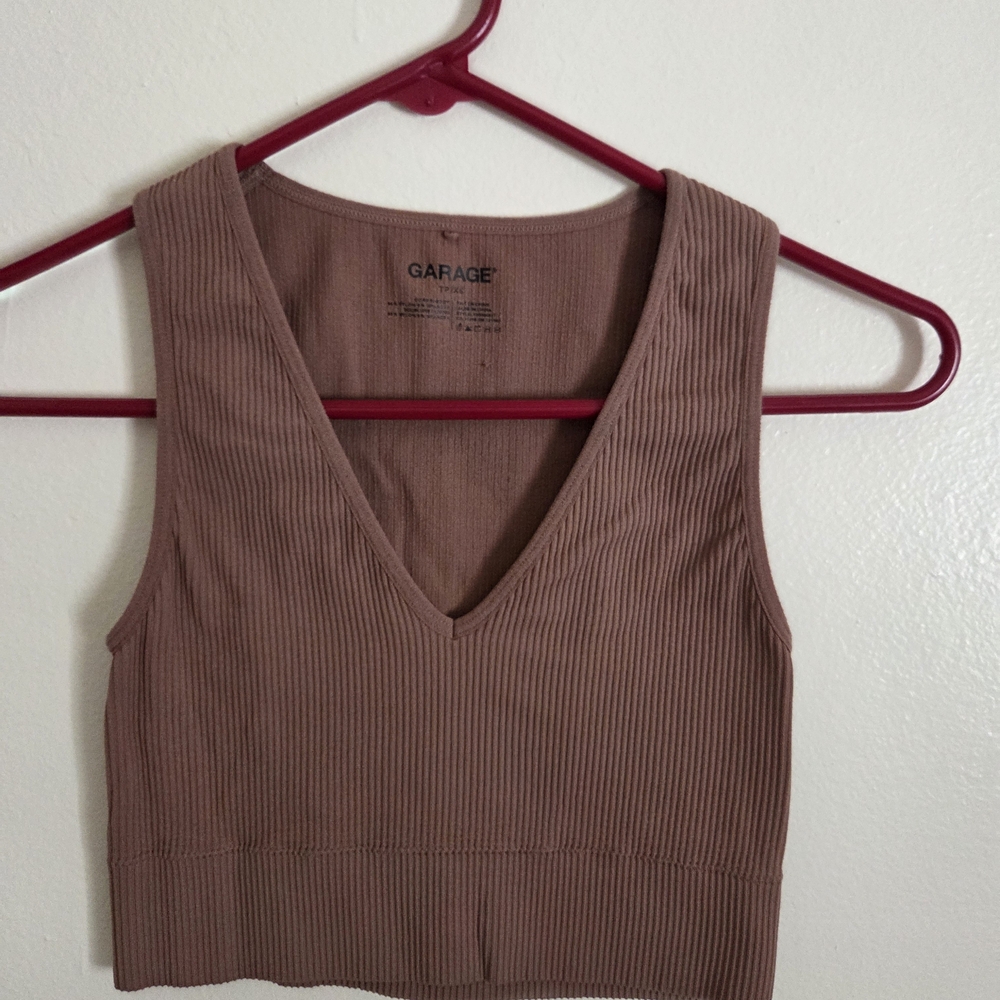 Garage Taupe Ribbed V-Neck Crop Top
